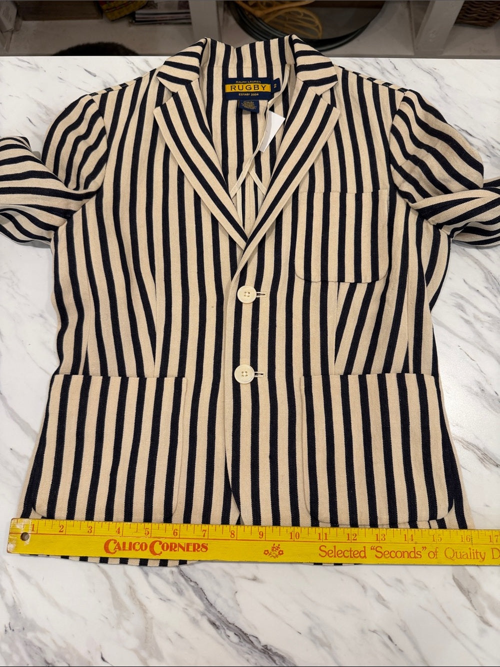 RUGBY RALPH LAUREN Linen Blazer Navy Cream Striped Preppy Jacket Size 2