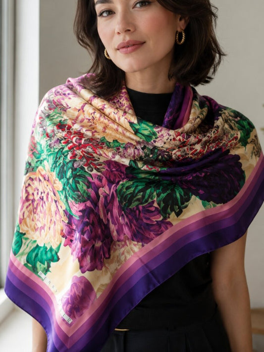 PERRY ELLIS Silk Floral Scarf Purple Ivory Green Square 38” Vintage!