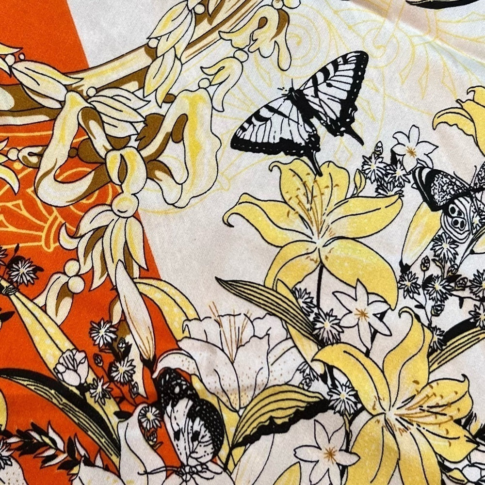 NORACORA Silk Scarf Orange Butterfly Music Print Square 21”