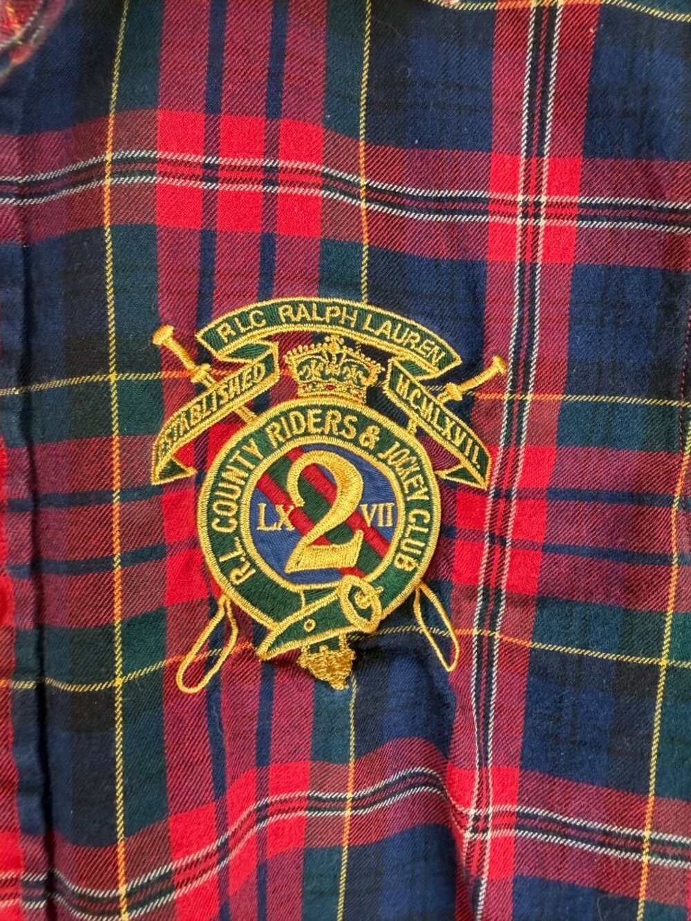 RALPH LAUREN SPORT Red Plaid Button Front Crest Logo Shirt Equestrian Prep 4